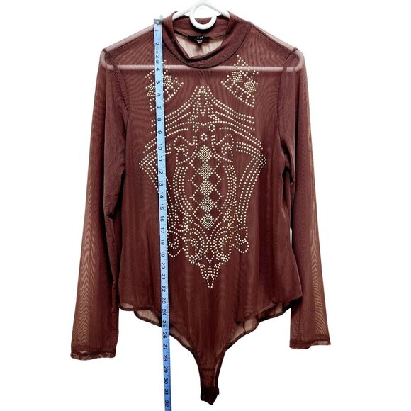 Sheer Burgundy Bodysuit Embellishments Long Sleeve Mock Neck Stretch Fit IRIS 3X - Picture 5 of 10